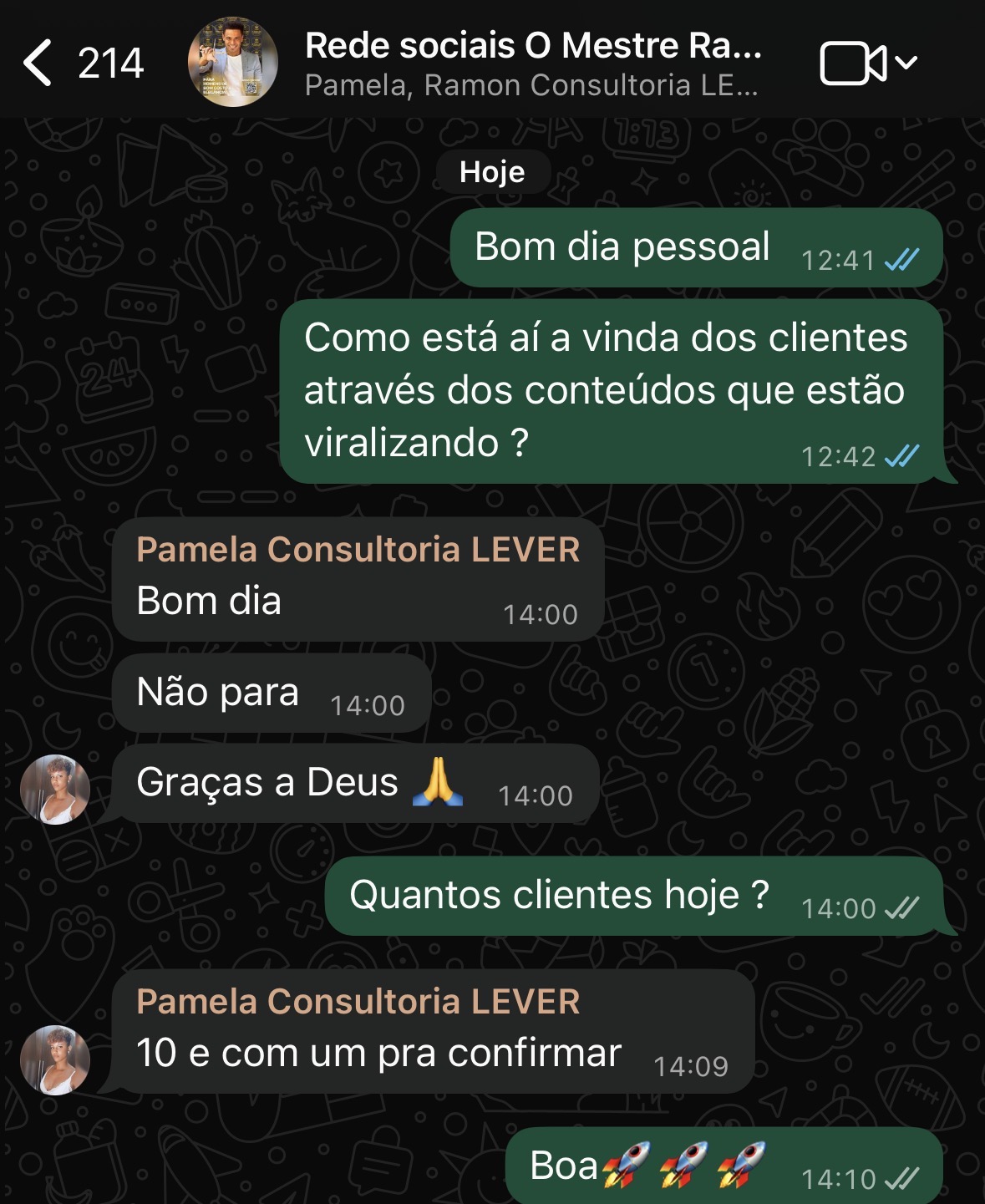 Feedback da cliente Pamela informando que recebeu dez clientes em um dia através dos conteúdos que viralizaram